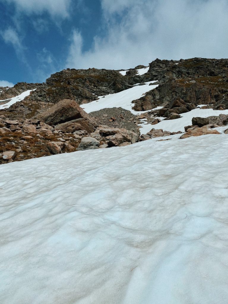 snow-covered trail up to mueller hut
