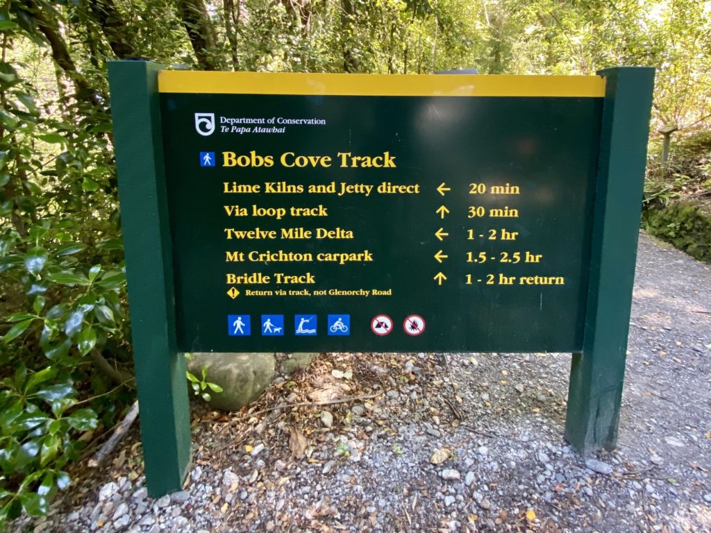 bobs cove track queenstown DOC sign