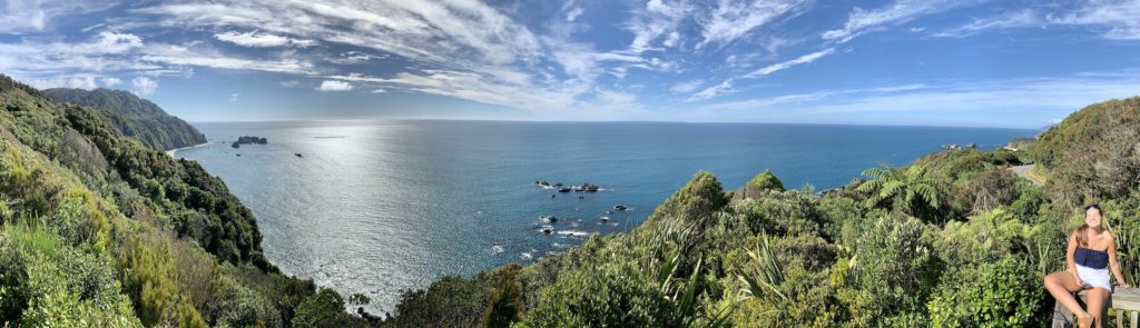 west coast day 6: panorama of niki in front of west coast