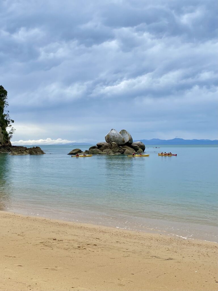 west coast day 1: split apple rock with kayaks around it