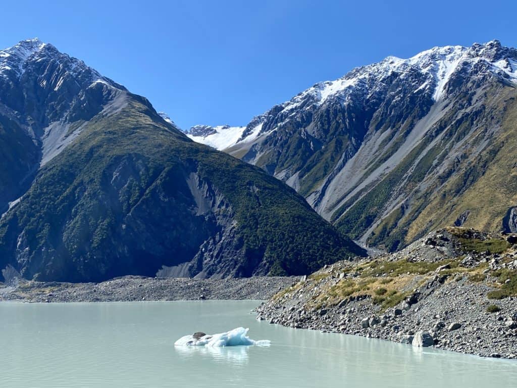 lake, iceberg, and mountains