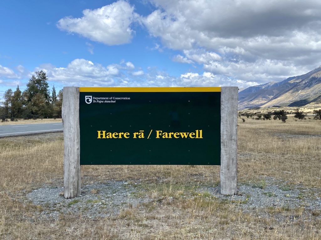 mt cook national park: sign saying haere ra/farewell