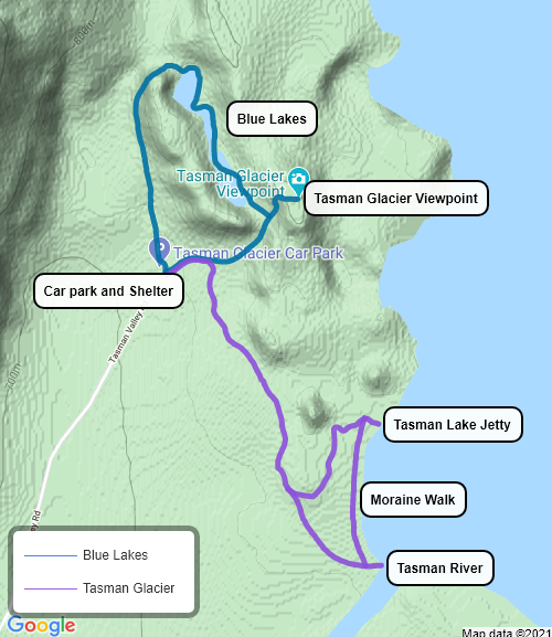 blue lakes and tasman glacier map
