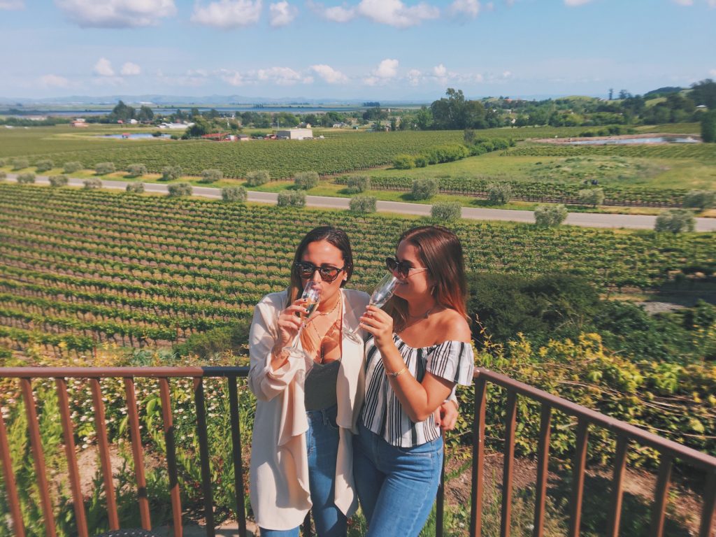 Niki and Jamie drink champagne at a vineyard in Napa Valley, California