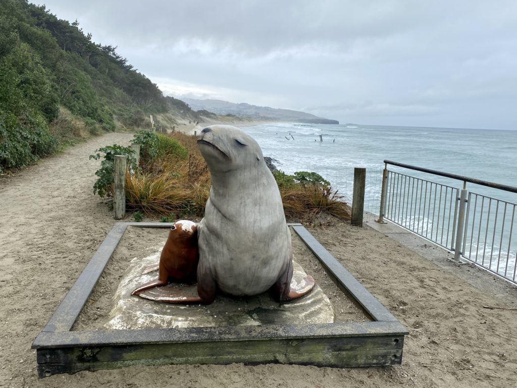 statue of a sea lion at st. clair beach
