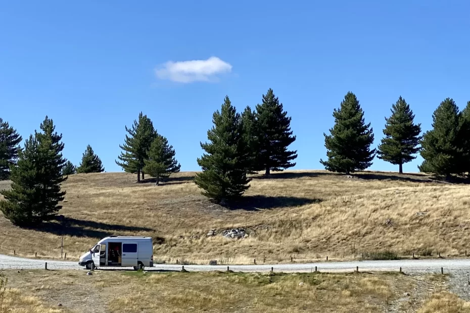 New Zealand freedom camping: the van at a freedom camping spot in Lake Pukaki