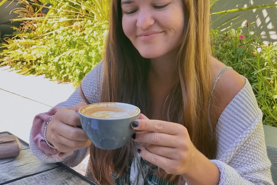 New Zealand snacks: Niki stares lovingly into her soy flat white