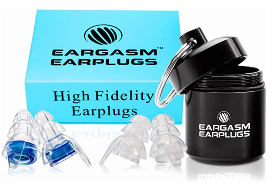 Eargasms brand high-fidelity earplugs with carrying case