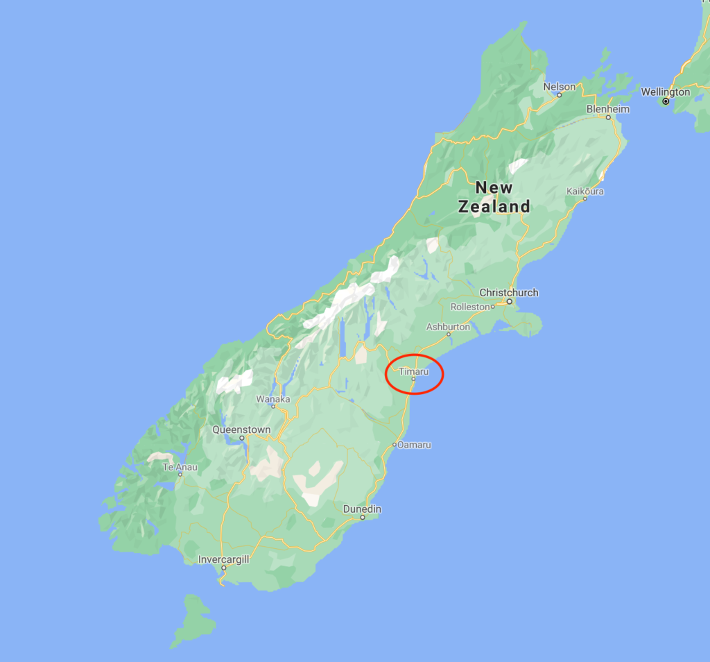 Timaru travel guide: Map of New Zealand's South Island with Timaru circled in red