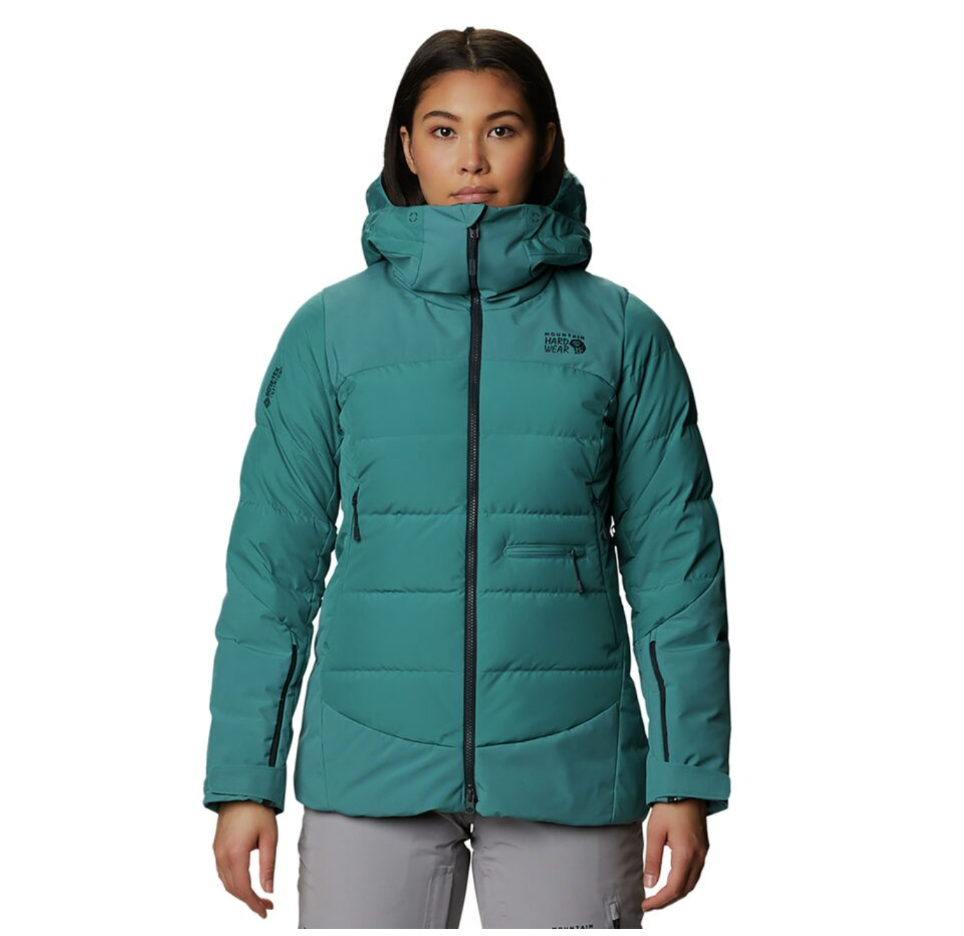 Mountain Hardware brand down puffer jacket in washed turquoise