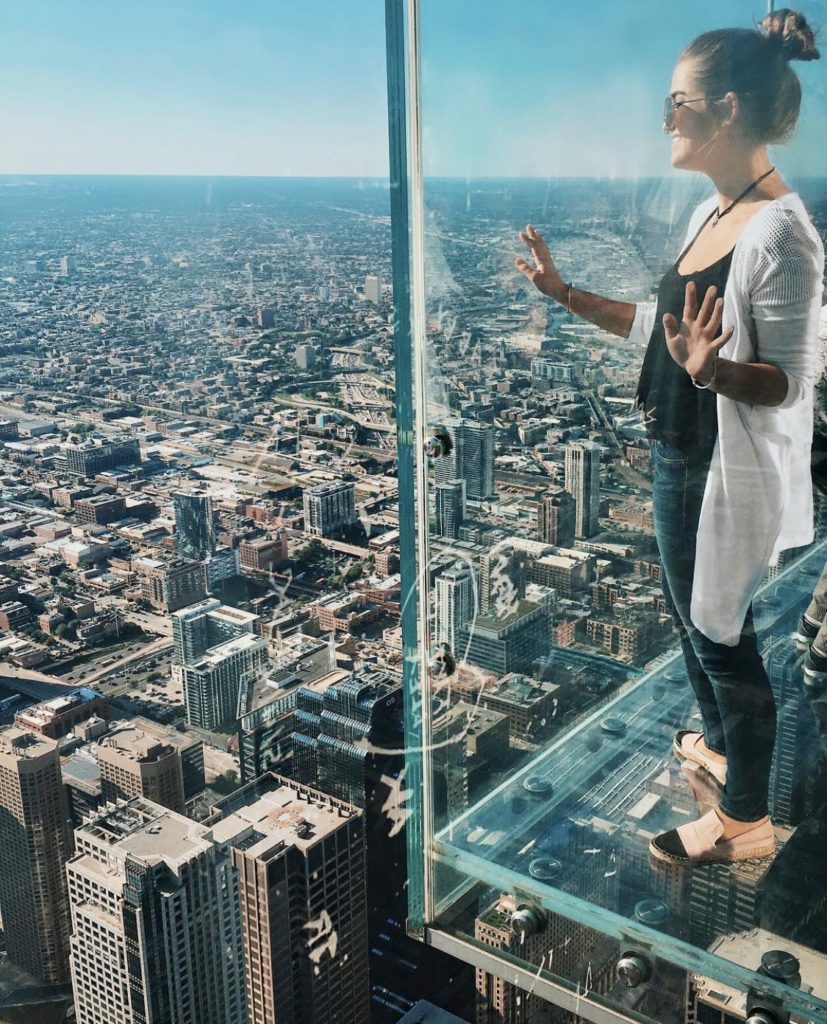 Niki stands in a glass box, Sears Tower, Chicago