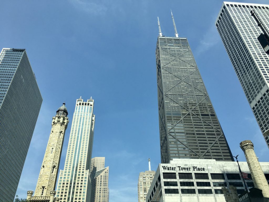View of Chicago buildings from the ground
