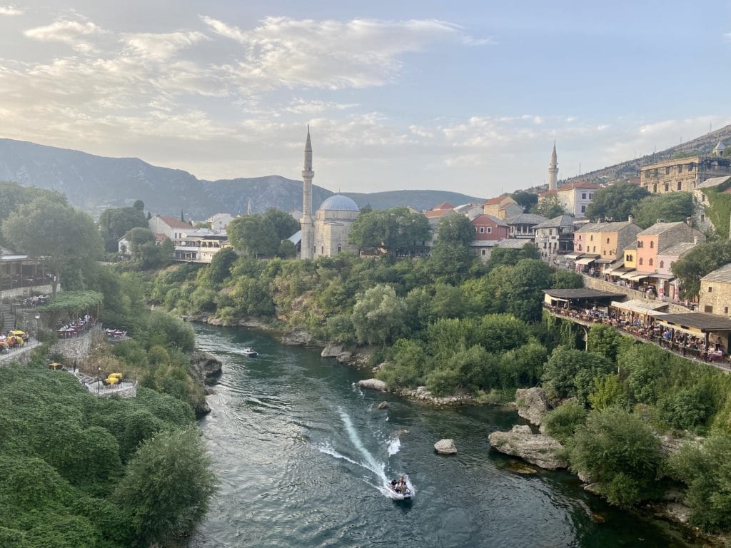 View of river and mosques from Stari Most (Old Bridge), Mostar, Bosnia & Herzegovina