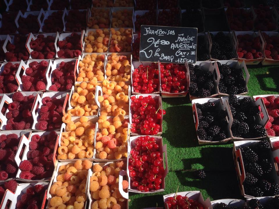 Market with boxes of raspberries, Aix-en-Provence, France
