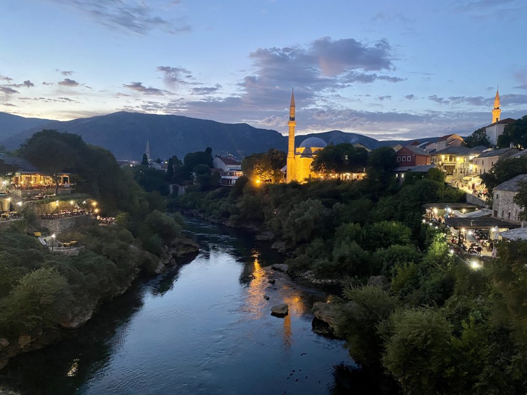 Balkans road trip itinerary: River and mosques in Mostar, Bosnia & Herzegovina at night