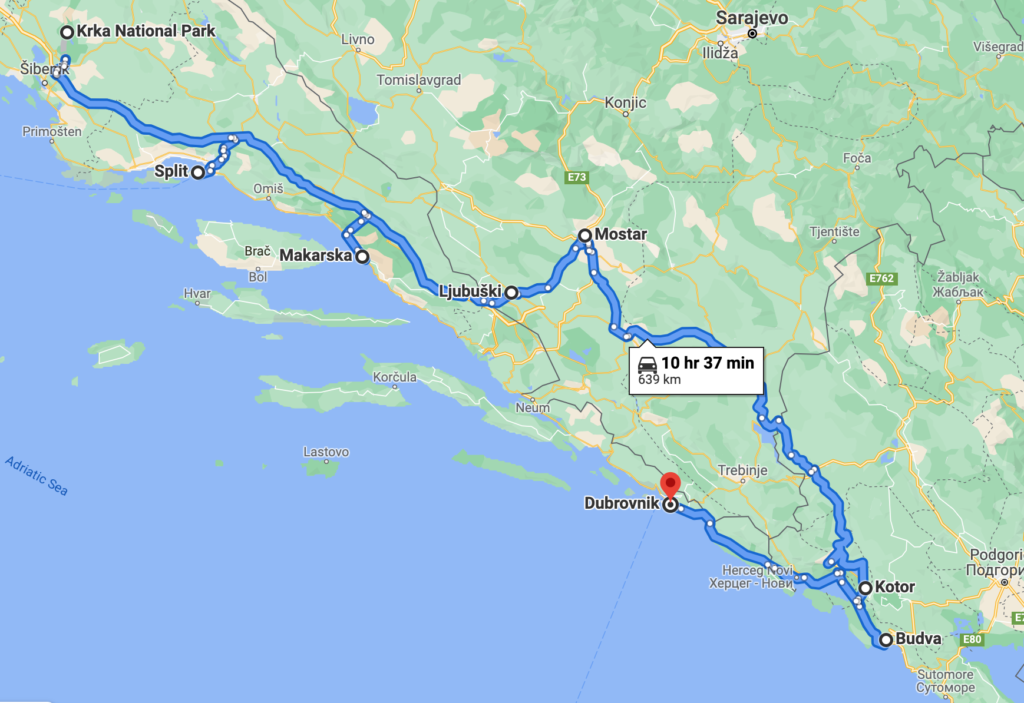Balkans road trip itinerary -- screenshot from Google Maps