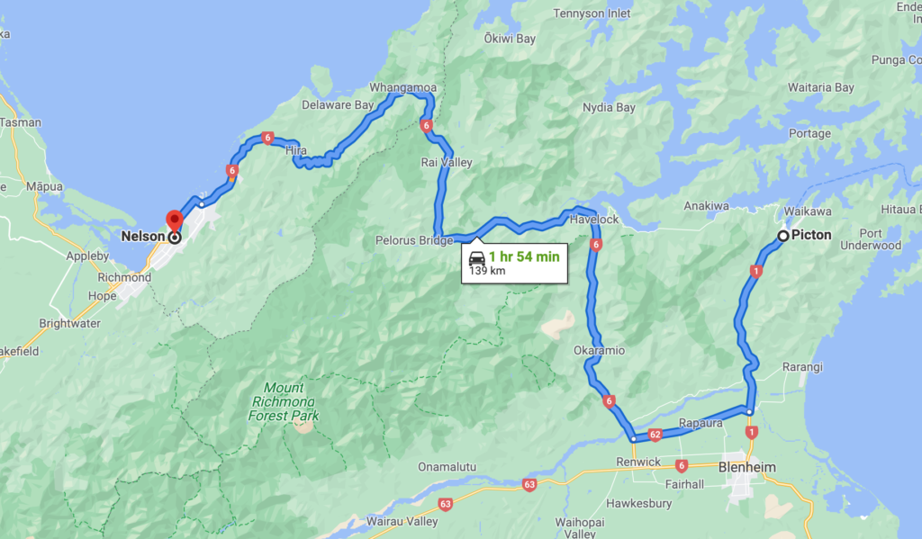 South Island New Zealand road trip: Picton to Nelson on Google Maps