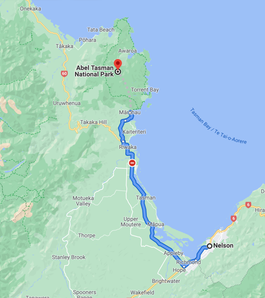 South Island New Zealand road trip: Nelson to Abel Tasman National Park on Google Maps