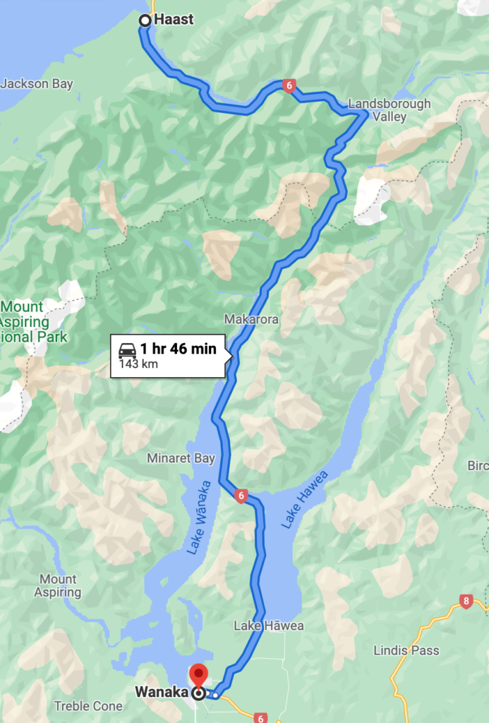 Haast, West Coast of New Zealand to Wanaka on Google Maps
