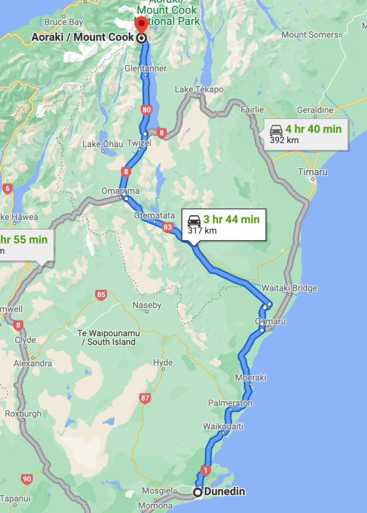 South Island New Zealand road trip: Dunedin to Aoraki/Mt Cook National Park New Zealand on Google Maps