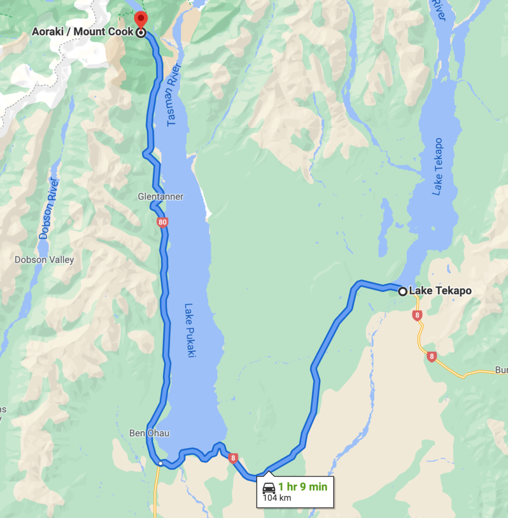 Aoraki/Mt Cook National Park to Lake Pukaki and Lake Tekapo, New Zealand on Google Maps
