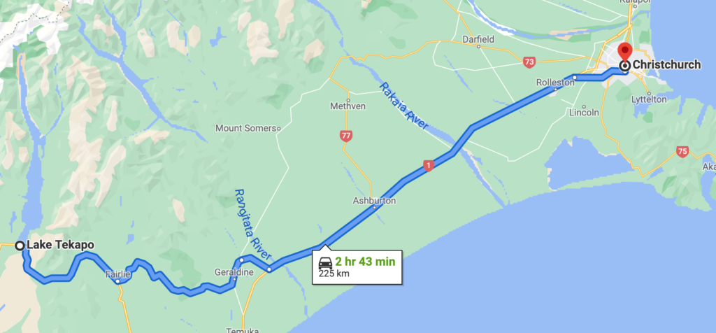 Lake Tekapo to Christchurch, New Zealand route from Google Maps