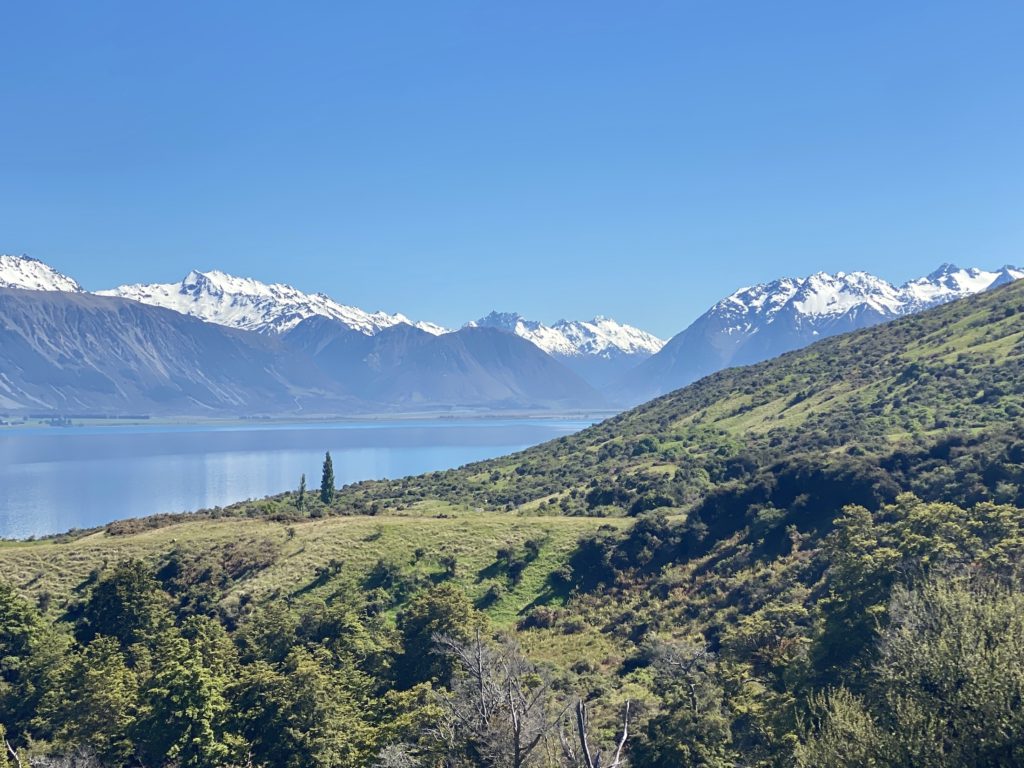 View of Lake Ohau and the Southern Alps on the Greta Track
