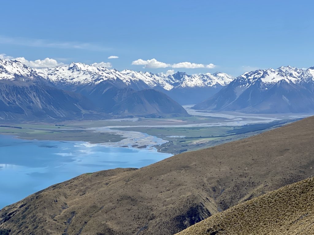 Mouth of Lake Ohau, braided rivers, and entrance to Dobson valley