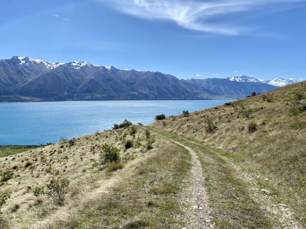 Descent down Greta Track with Lake Ohau and mountains in the background