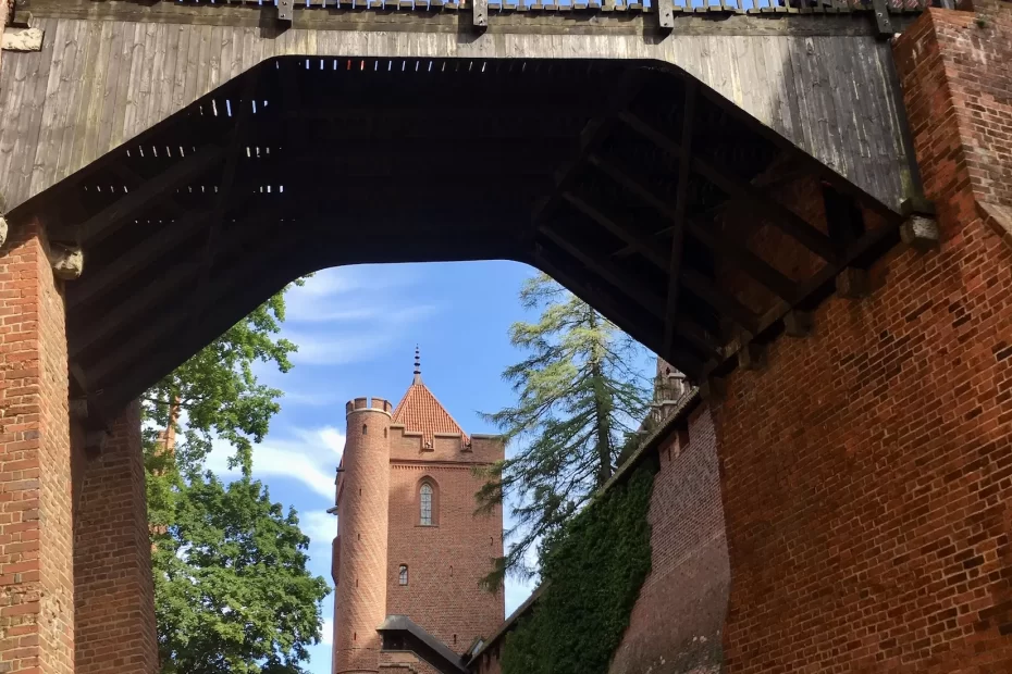 Bridge, towers, and turrets at Malbork Castle, Gdansk, Poland