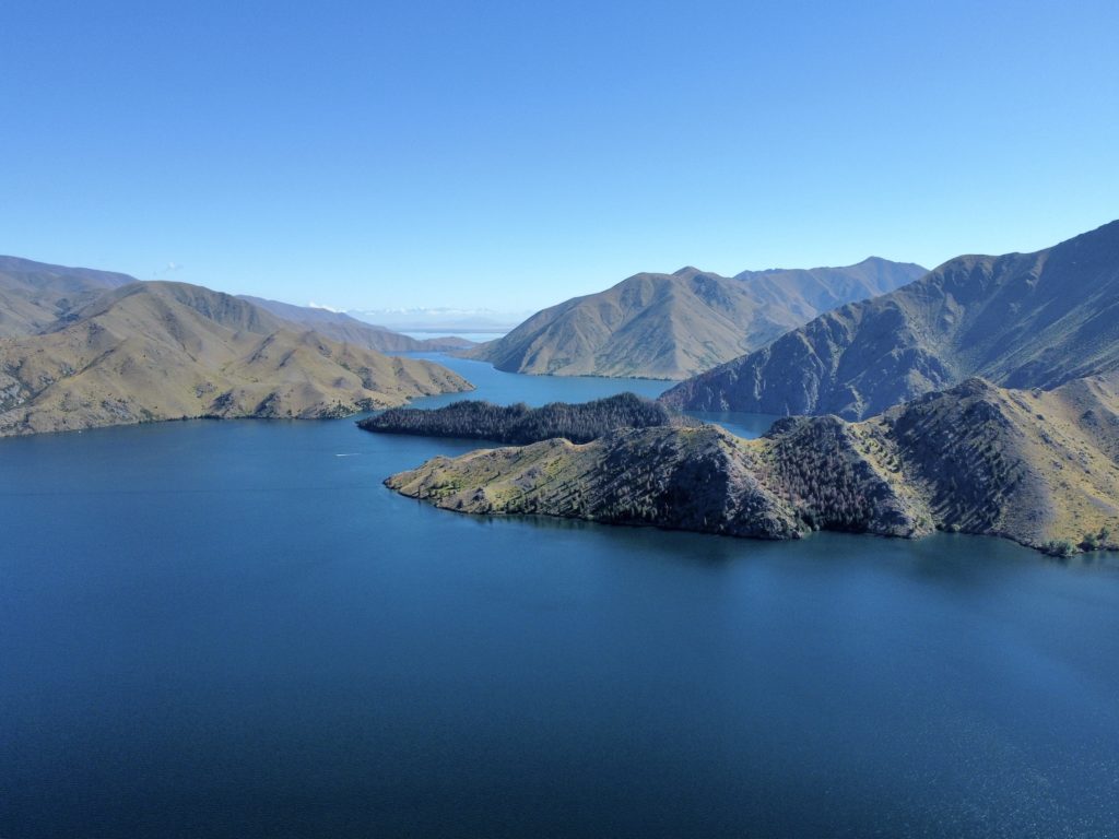 View of Lake Benmore and hills shot using a DJI Mavic Mini drone