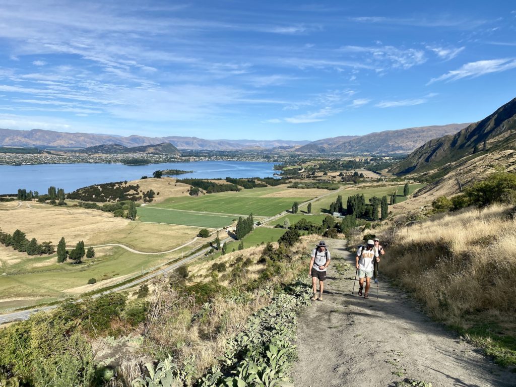 A group of hikers climbs up the side of Mount Roy, Wanaka, New Zealand