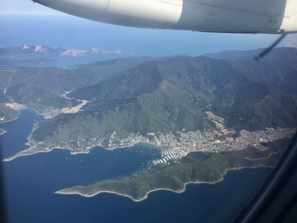 best places to visit south island: picton harbor from an airplane