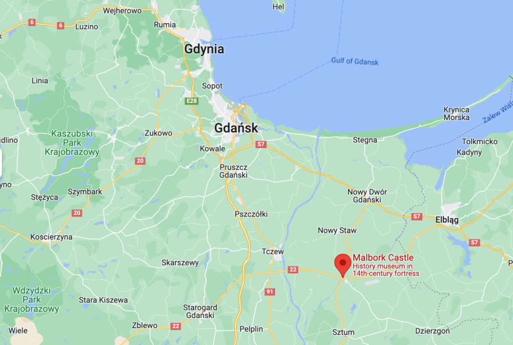 Map of Malbork Castle in relation to Gdansk, Poland
