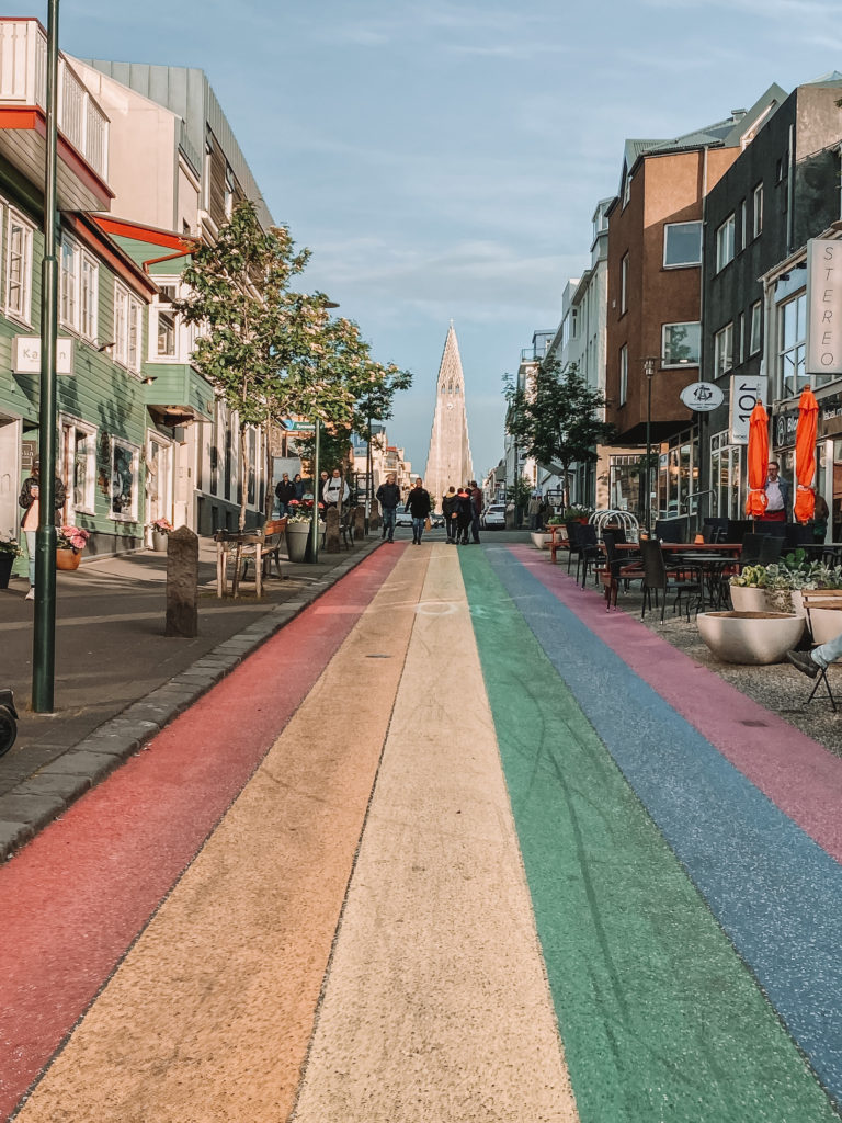 One day in Reykjavik: Rainbow Street with Hallgrimskirkja in the background, Reykjavik, Iceland