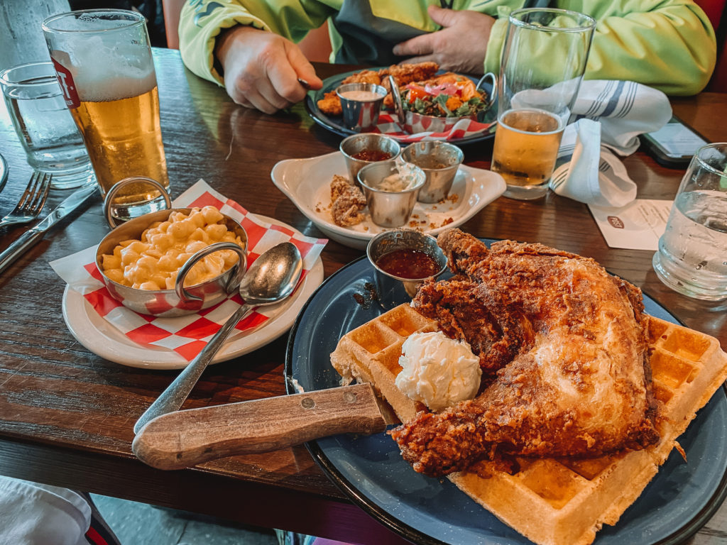 Fried chicken and waffles, macaroni and cheese, and beer from The Post, Estes Park, Colorado