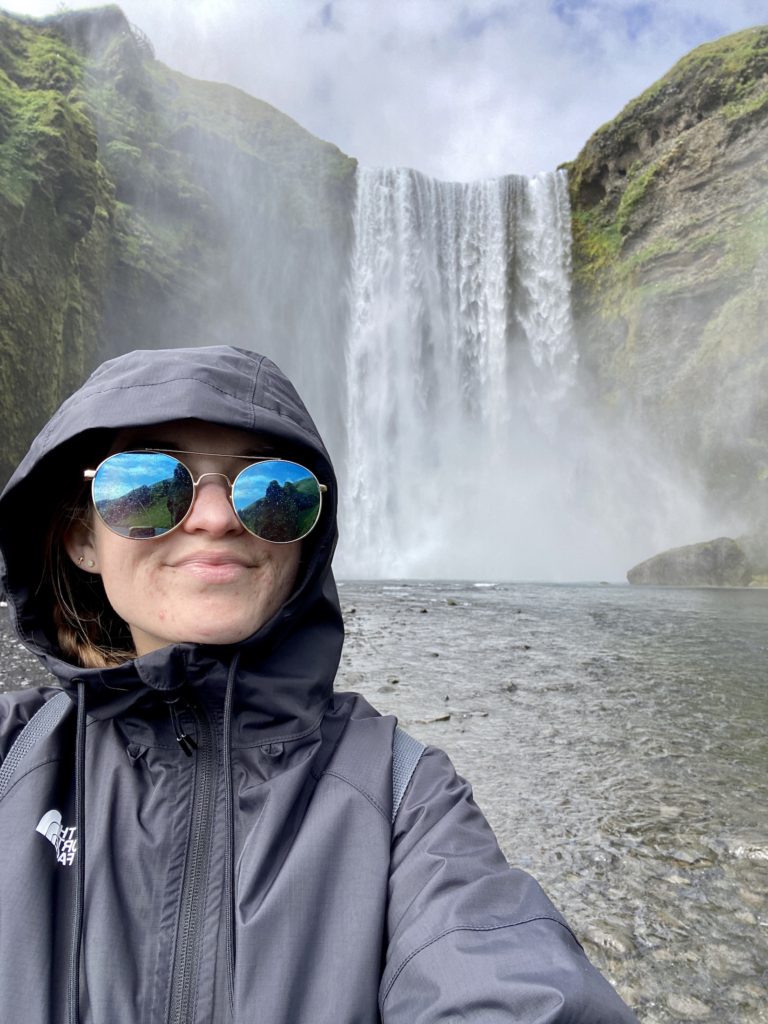 Niki in front of Seljalandsfoss waterfall, Vik, Iceland