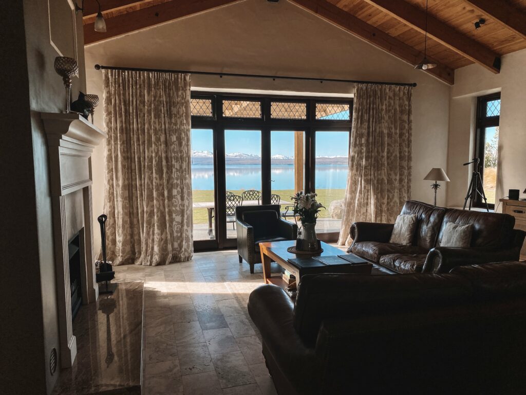 Living room at Ashley Mackenzie Villa, Mt Cook Lakeside Retreat, South Island, New Zealand
