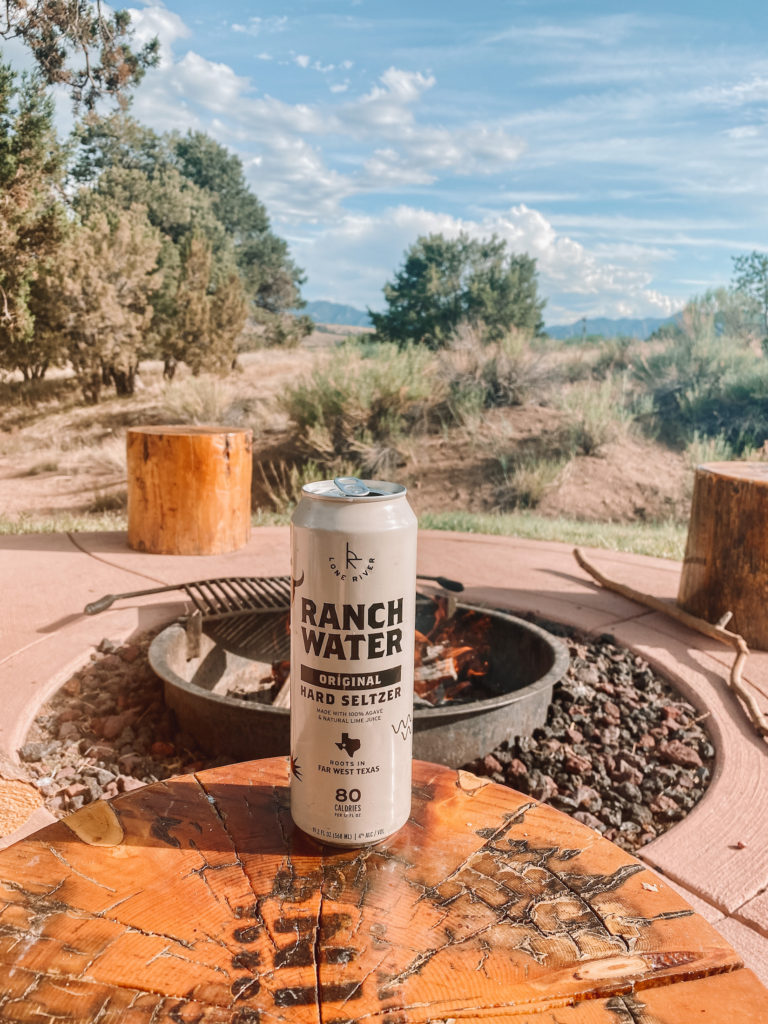 Royal Gorge Cabins: campfire and Ranch Water seltzer, Colorado