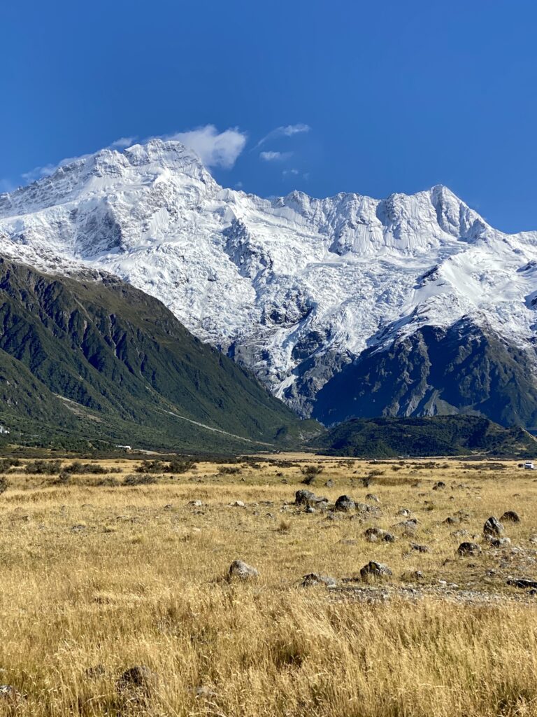 Christchurch to Queenstown road trip itinerary: View of Southern Alps mountains at Aoraki/Mount Cook National Park, New Zealand