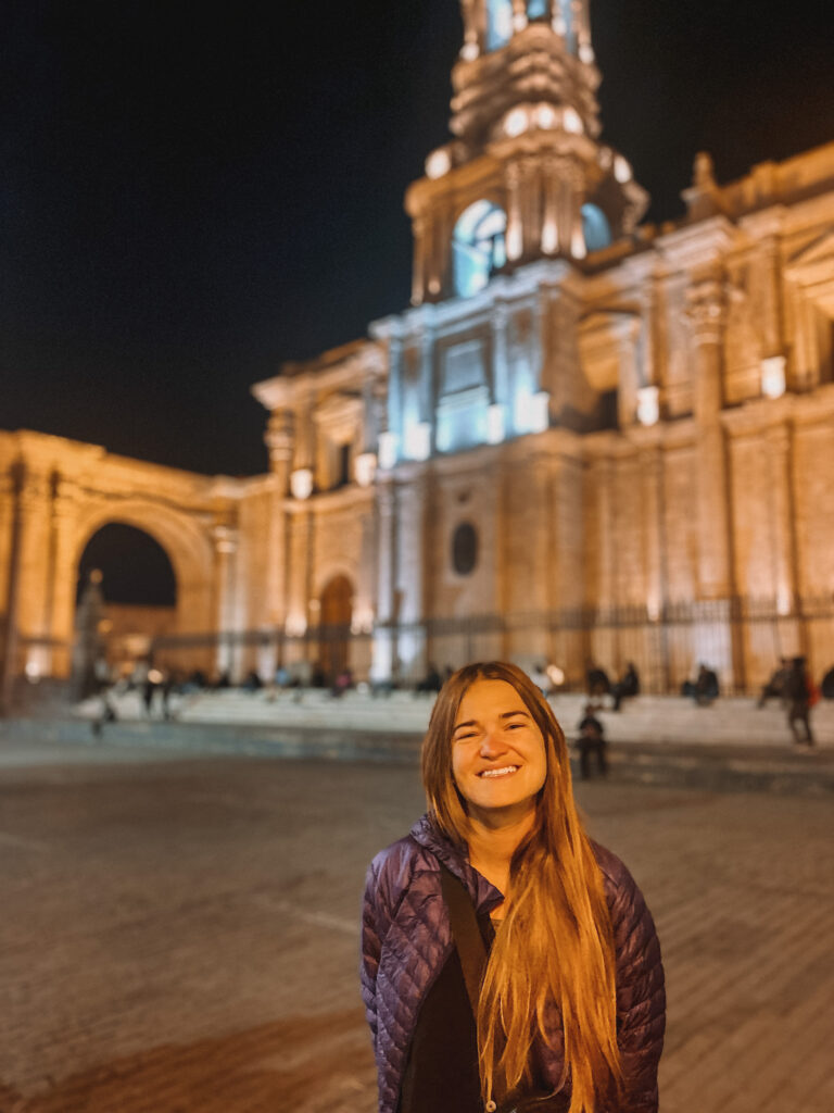 Niki in front of the Basilica, Plaza de Armas, Arequipa, Peru