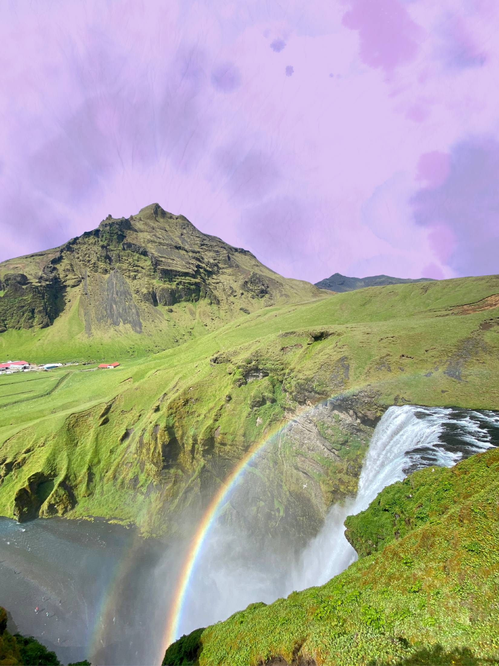 mountain, waterfall, and rainbow in iceland
