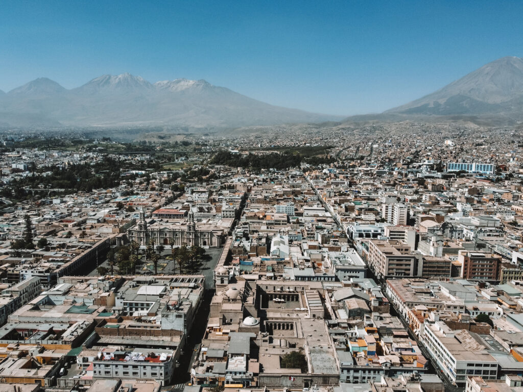 View of Arequipa, Plaza de Armas, and El Misti volcano from above