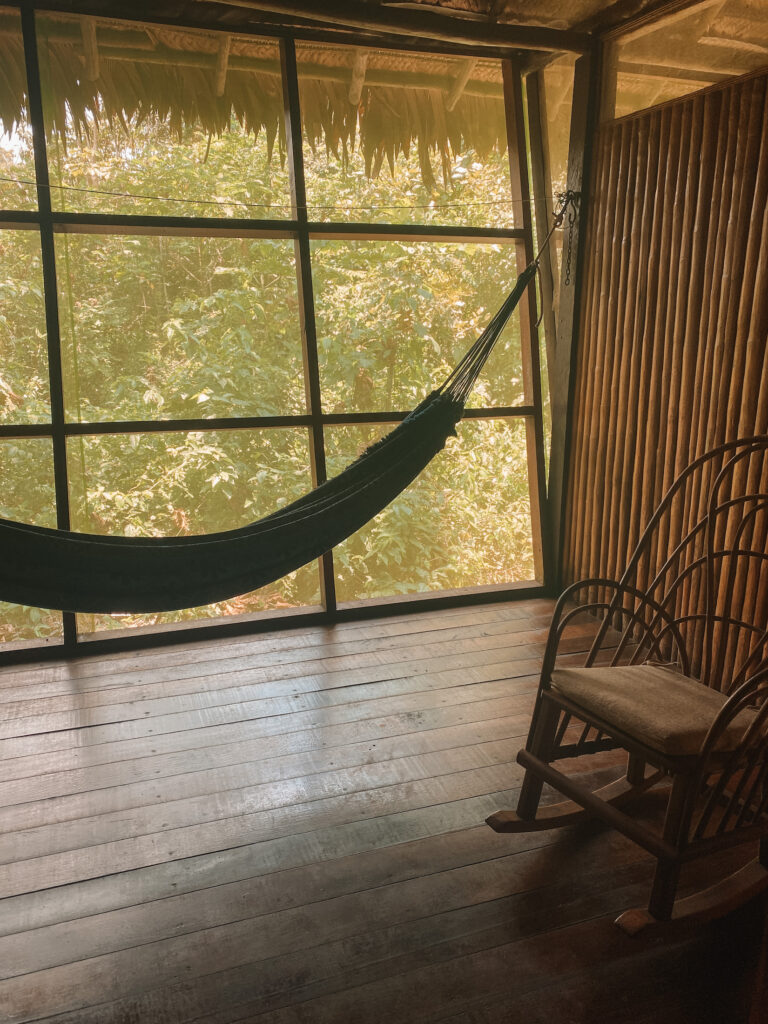 Best ayahuasca retreat in Peru: Hammock in room at Heliconia Amazon Lodge, Peru