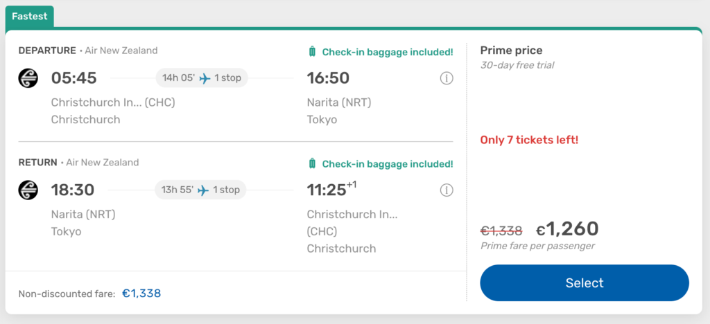 eDreams Prime flight booking: CHC to NRT on Air New Zealand