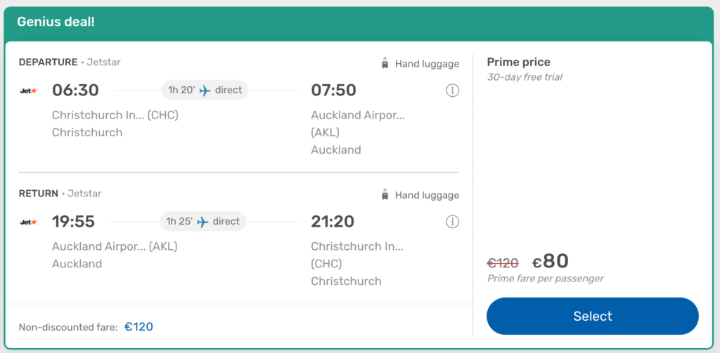 eDreams Prime flight booking: CHC to AKL on Jetstar