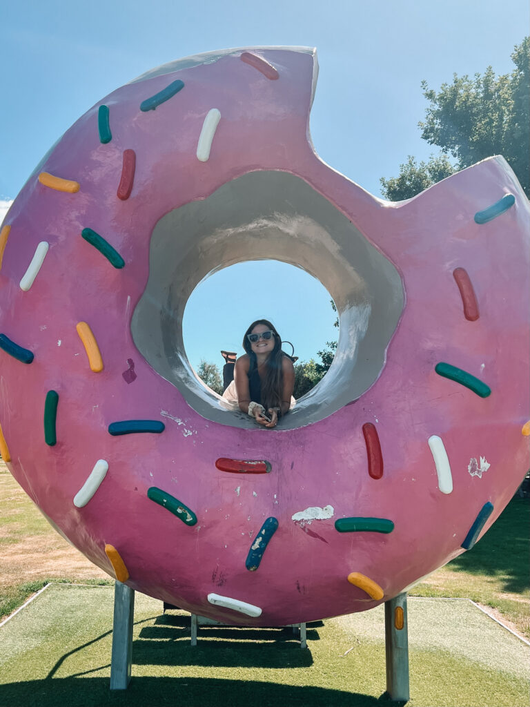Niki in the middle of a giant pink donut, Springfield, South Island, New Zealand