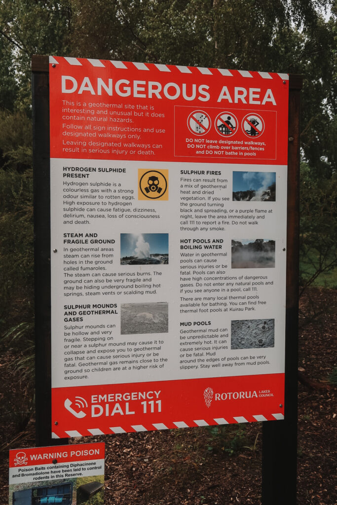 Things to do in Rotorua: Sign at Sulphur Point, North Island New Zealand