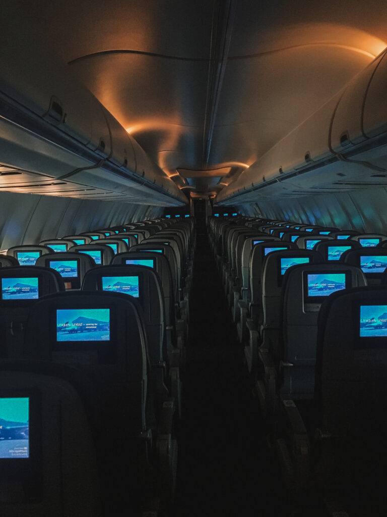 Flying captions: Inside of an airplane cabin