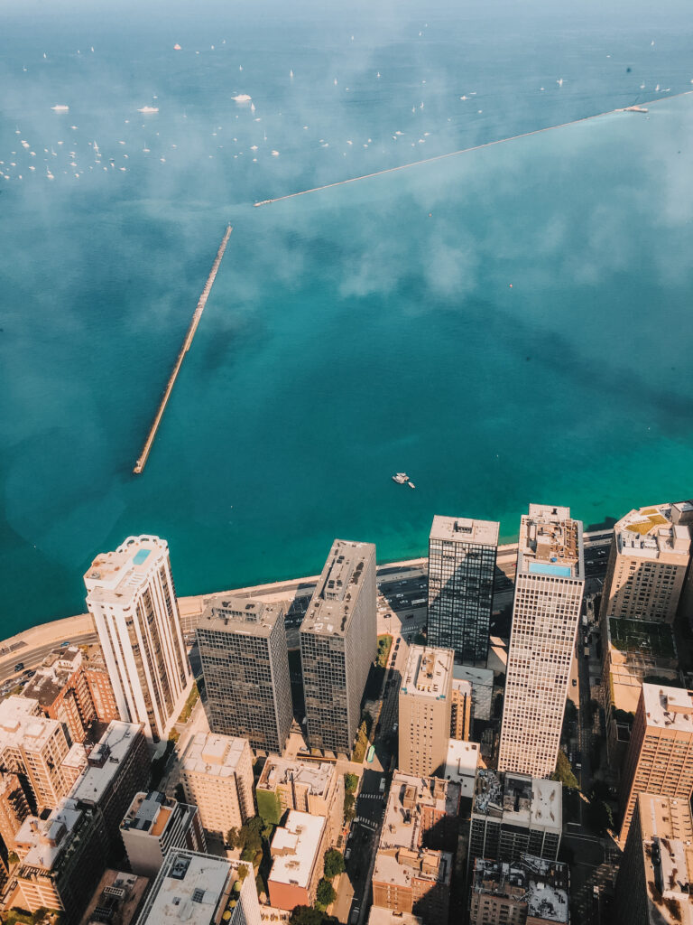 Chicago captions: View of Lake Michigan from Water Tower Place, Chicago